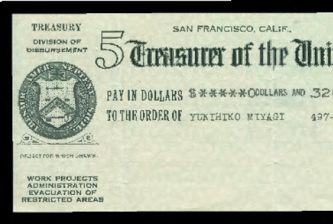 Payroll check for 32 cents issued by the Treasury to Yukihiko Miyag (ddr-csujad-55-2226)