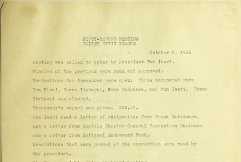 Minutes of the 52nd Valley Civic League meeting (ddr-densho-277-96)
