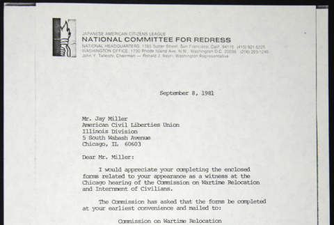 Letter to Jay Miller from William Yoshino (ddr-chijacl-1-574)