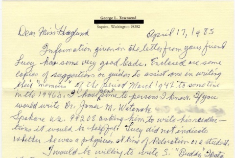 Letter to Frances Haglund from George L. Townsend (ddr-densho-275-43)