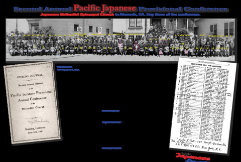 Document with photo of attendees to Second Annual Pacific Japanese Provisional Conference with history and proceedings from conference (ddr-ajah-4-23)