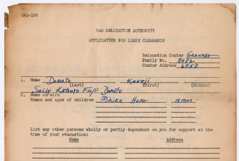 War Relocation Authority Application for Leave Clearance for Kaneji Domoto (ddr-densho-329-968)