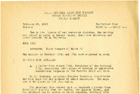 Heart Mountain Relocation Project Fourth Community Council, 4th session (February 20, 1945) (ddr-csujad-45-8)