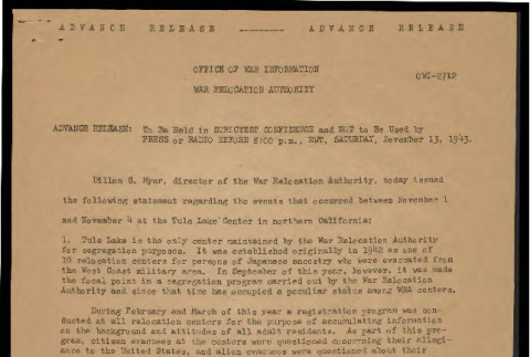 Advance release (Office of War Information), OWI-2712 (November 1, 1943) (ddr-csujad-55-1908)