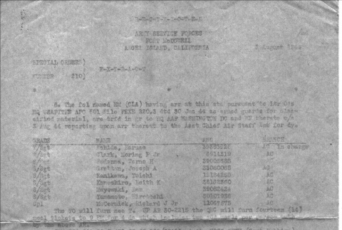 Travel order for group to be reassigned to Washington D.C. on arrival at Angel Island California (ddr-densho-563-24)