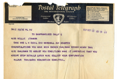 Telegram from Wilbur Takiguchi to Fumiko 