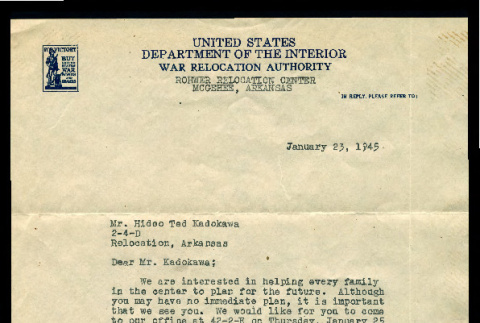 Letter from Corine Key, Acting Relocation Advisor, Rohwer Relocation Center to Mr. Hideo Ted Kadokawa, January 23, 1945 (ddr-csujad-55-1231)