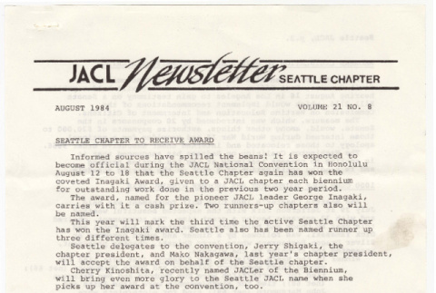 Seattle Chapter, JACL Reporter, Vol. XXI, No. 8, August 1984 (ddr-sjacl-1-338)