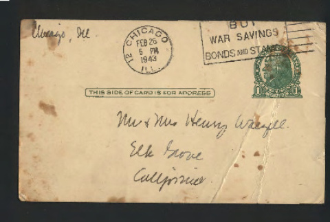 Postcard to Mr. and Mrs. Henry Waegell, February 26, 1943 (ddr-csujad-55-2560)