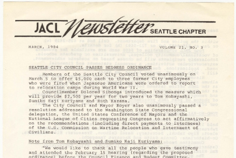 Seattle Chapter, JACL Reporter, Vol. XXI, No. 3, March 1984 (ddr-sjacl-1-331)