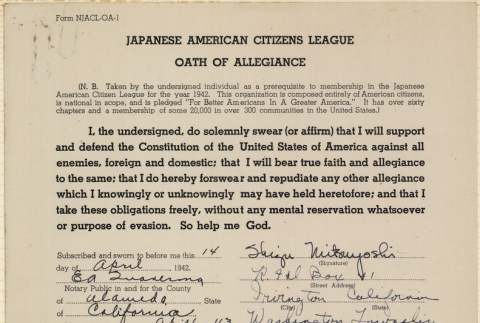 JACL Oath of Allegiance for Shizu Mitsuyoshi (ddr-ajah-7-94)
