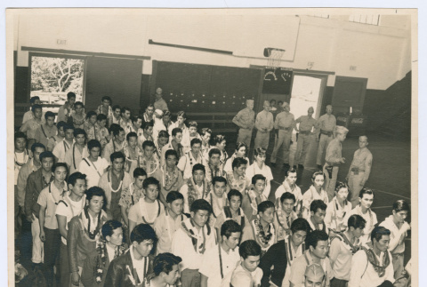 Men with leis swearing in at Hilo Armory (ddr-densho-1007-327)