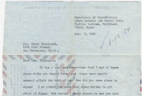 Letter from Dr. Masao Onisi to Tomoye Takahashi (ddr-densho-422-44)