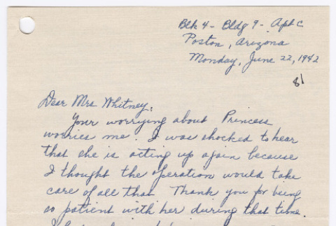 [ Letter to Mrs. Whitney from Louise Fukuda | June 22, 1942 ] (ddr-janm-22-18)