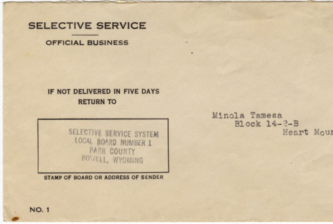 Envelope from Selective Serivce Administration to Minola Tamesa (ddr-densho-122-803)