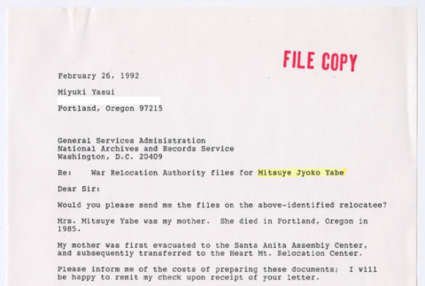 Letter to National Archives and Records Administration from Miyuki (Yabe) Yasui (ddr-ohs-1-69)