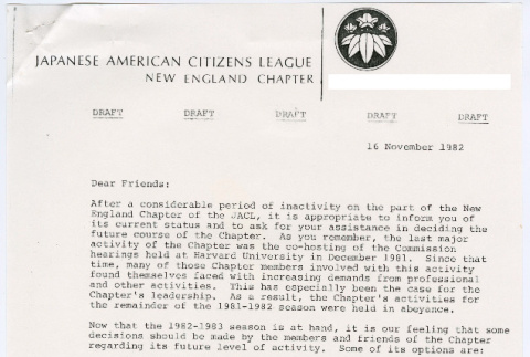Draft letter to NE JACL members from David Sakura (ddr-densho-523-781)