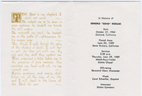 Sonoko (Domoto) Riusaki's funeral program (ddr-densho-329-1273)