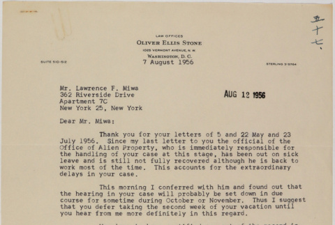 Letter from Oliver Ellis Stone to Lawrence Fumio Miwa (ddr-densho-437-81)