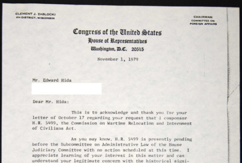 Letter to Edward Hida from Clement Zablocki (ddr-chijacl-1-404)