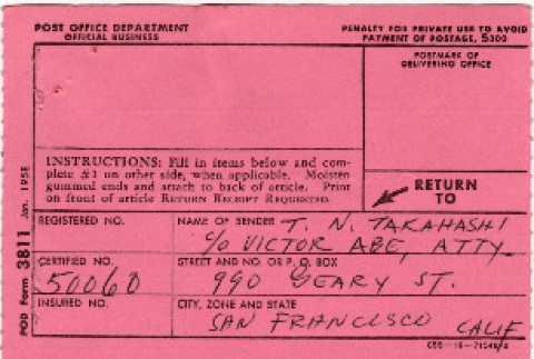 Receipt for registered letter to Katsuhiko Hagiwara (ddr-densho-424-889)