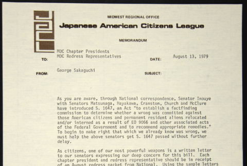 Memo to MDC Chapter Presidents and Redress Representatives from George Sakaguchi concerning S. 1647 (ddr-chijacl-1-227)