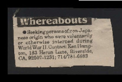 [Newspaper clipping titled:] Whereabouts (ddr-csujad-55-2089)