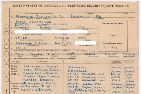 Personal Security Questionnaire for Kaneji Domoto (ddr-densho-329-966)