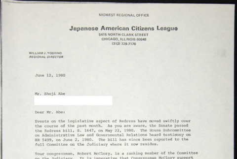 Letter to Shoji Abe from William Yoshino (ddr-chijacl-1-489)