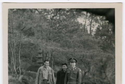 Mitsuye Takemiya, Charles Roeslin Jr., and friend at Heian Shrine (ddr-densho-550-37)