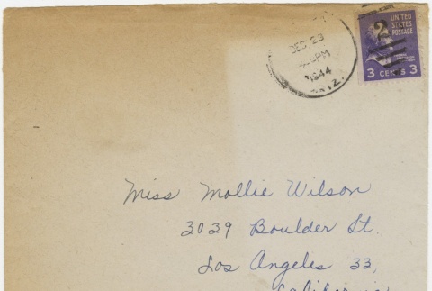 Christmas card (with envelope) to Mollie Wilson from Sako (December 23, 1944) (ddr-janm-1-54)