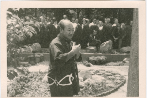 Kaneji Domoto giving a presentation on Japanese Gardens at Hill Nursery (ddr-densho-377-341)