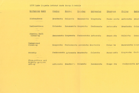 1976 Lake Sequoia Retreat workgroup schedule (ddr-densho-336-718)