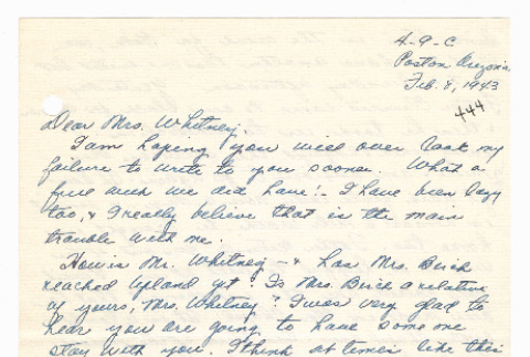 [ Letter to Mrs. Whitney from Fumiko Fukuda | February 8, 1943 ] (ddr-janm-22-115)