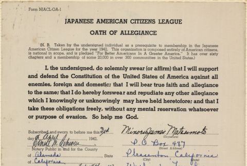 JACL Oath of Allegiance for Minoru James Matsumoto (ddr-ajah-7-93)