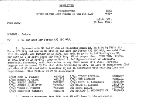Travel order for group to be reassigned to Washington D.C. (ddr-densho-563-22)