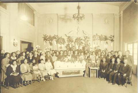 Buddhist funeral inside Shaw & Sons funeral home (ddr-densho-293-14)