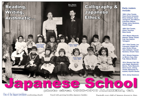 Digital document with class photo and history of the church run Japanese school at the Japanese Methodist Episcopal Church in Alameda (ddr-ajah-4-64)