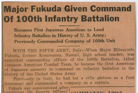 Article titled:  Major Fukuda Given Command of 100th Infantry Battalion (ddr-densho-539-116)