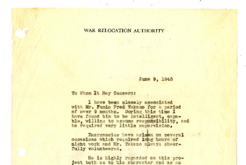 Letter from Theodore K. Ryan, Sanitary Engineer, War Relocation Authority, June 9, 1943 (ddr-csujad-42-93)