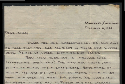 Letter from Leo Uchida to James Waegell, December 4, 1944 (ddr-csujad-55-2326)