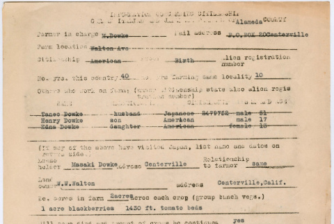 Information concerning citizenship German, Italian and Japanese Farmers of Alameda County and associated documents for Dowke family (ddr-densho-491-49)