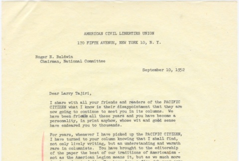 Thank you letter to Guyo and Larry Tajiri from Roger N. Baldwin (ddr-densho-338-412)