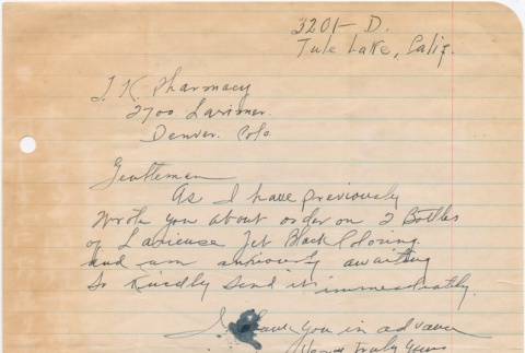 Letter sent to T.K. Pharmacy from Tule Lake concentration camp (ddr-densho-319-37)