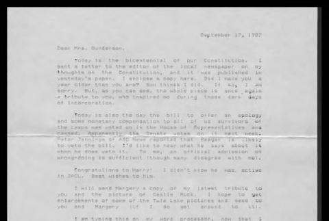 Letter from Yuzuru John Takeshita to Mrs. Margaret Gunderson, September 17, 1987 (ddr-csujad-55-257)