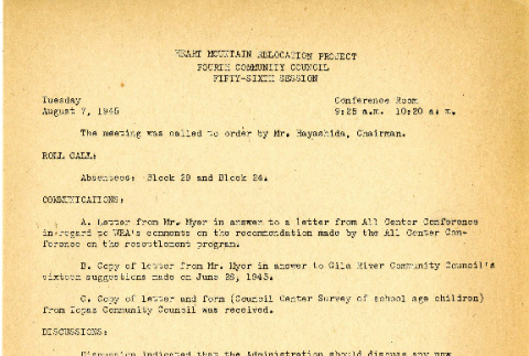 Heart Mountain Relocation Project Fourth Community Council, 56th session (August 7, 1945) (ddr-csujad-45-50)