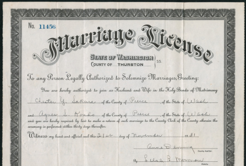 Marriage License for Chester Y. Sakura and Agnes S. Kondo (ddr-densho-523-28)