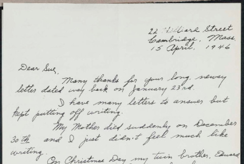Letter from Bernie to Sue Ogata Kato, April 15, 1946 (ddr-csujad-49-213)