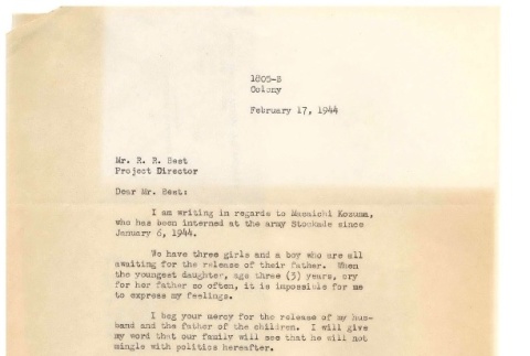 Letter from Takiko Kozuma to Raymond Best, Director of Tule Lake Camp, February 17, 1944 (ddr-csujad-2-11)