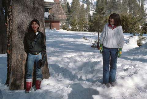 Vince Uyeda and Sharon Yamasaki standing in the snow (ddr-densho-336-1572)